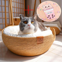HKM-3249085 Rattan Cat Bed with Detachable Double-Sided Velvet and Ice Pad Options, Sizes S, M, L