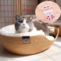 HKM-3249085 Rattan Cat Bed with Detachable Double-Sided Velvet and Ice Pad Options, Sizes S, M, L