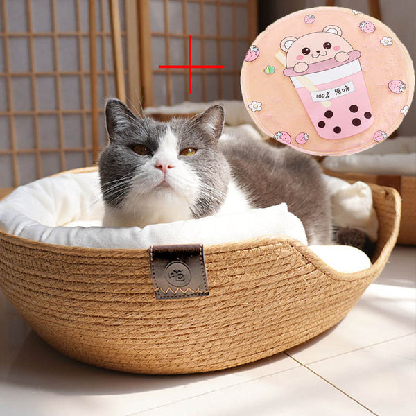 HKM-3249085 Rattan Cat Bed with Detachable Double-Sided Velvet and Ice Pad Options, Sizes S, M, L
