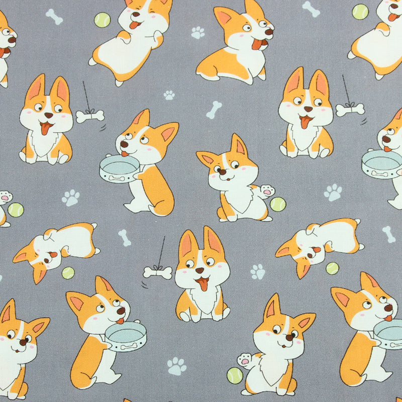 HKM-325011 Corgi Print Cotton Fabric - Cartoon Nordic Animal Design, 110cm Wide, 100% Cotton