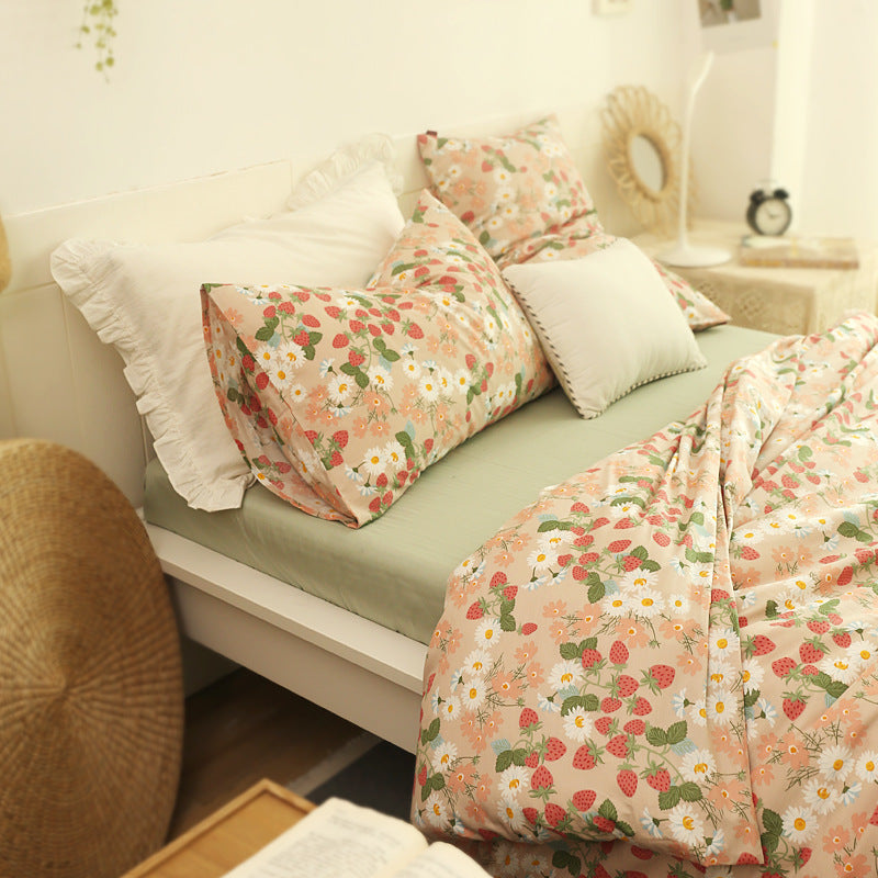 HKM-325011 Cotton Floral Quilt Cover Set in Green, Orange, and Pink - Four Pieces
