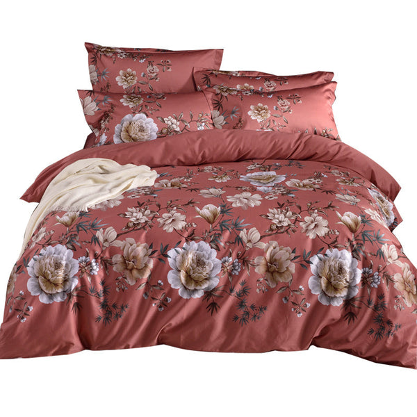 HKM-325011 Floral Double-Sided Cotton Duvet Cover Set in Red - Multiple Sizes Available