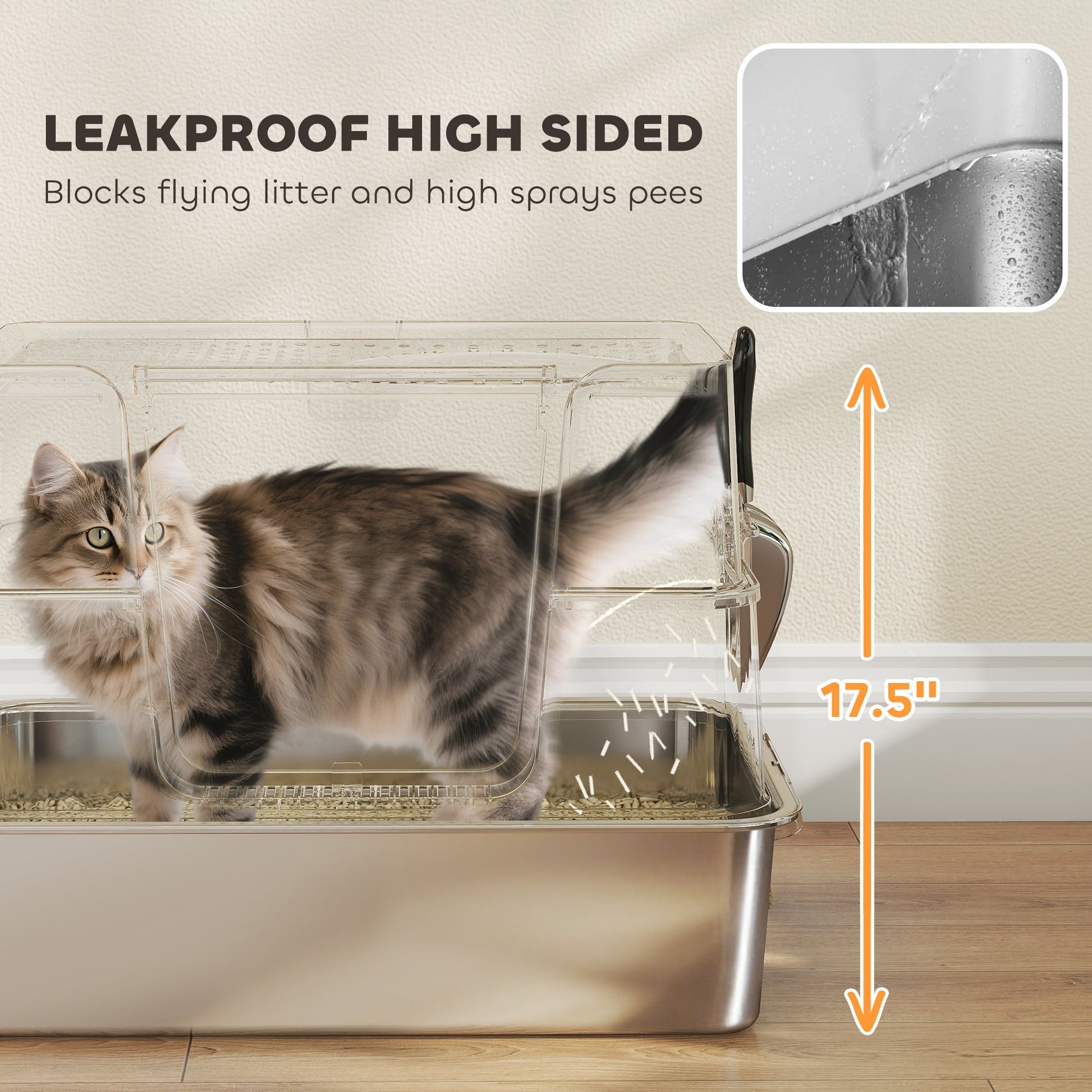 HKM-3250493 XL Stainless Steel Enclosed Litter Box with Dual Entry, 100° Flip Top, Non-Stick Scoop, and Litter Filter Panel