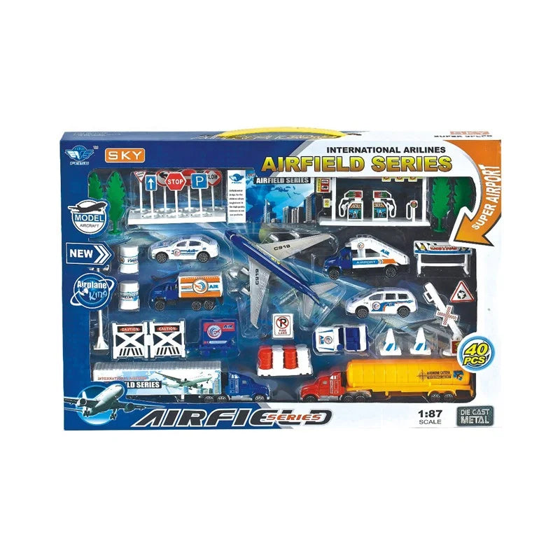 HKM-325139 Die Cast Toy Plane Airport Play Set for Kids Ages 2-4, Metal Construction, 36-Piece Set