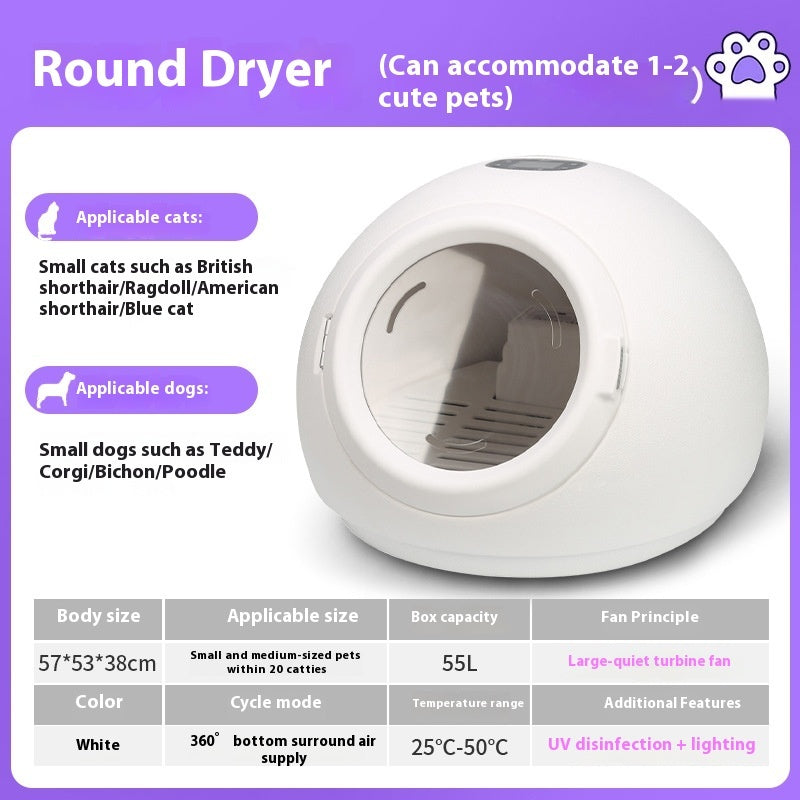 HKM-3256253 Automatic Pet Hair Dryer - 1000W Drying Oven for Cats, Round White Design