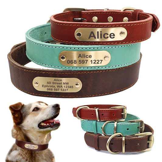 HKM-325715 Personalized Leather Dog Collar with Engraved Golden Nameplate for Medium to Large Breeds