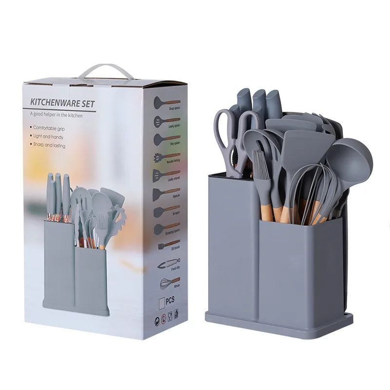 HKM-326035 19-Piece Silicone Kitchenware Toolkit with Storage Barrel and Knife Set