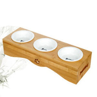 HKM-3260733 Bamboo and Stainless Steel Pet Bowl Holders with Single, Double, and Triple Bowl Options