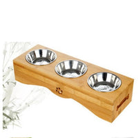HKM-3260733 Bamboo and Stainless Steel Pet Bowl Holders with Single, Double, and Triple Bowl Options
