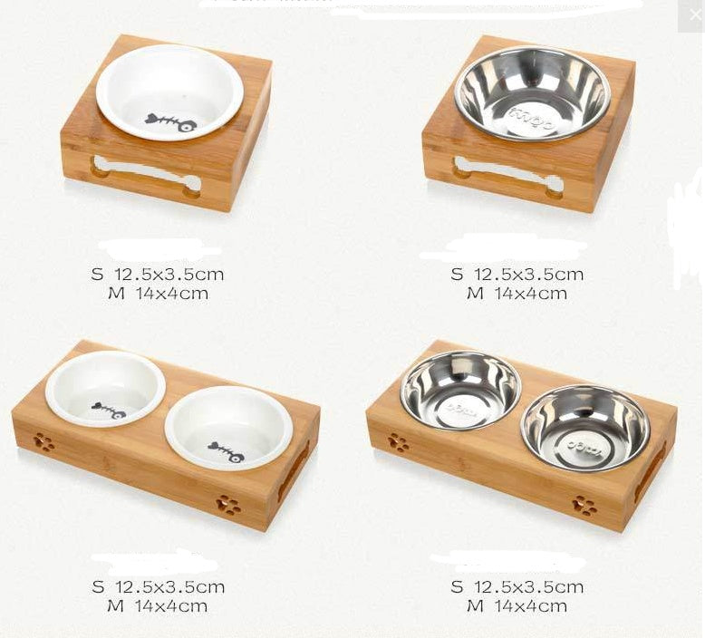 HKM-3260733 Bamboo and Stainless Steel Pet Bowl Holders with Single, Double, and Triple Bowl Options
