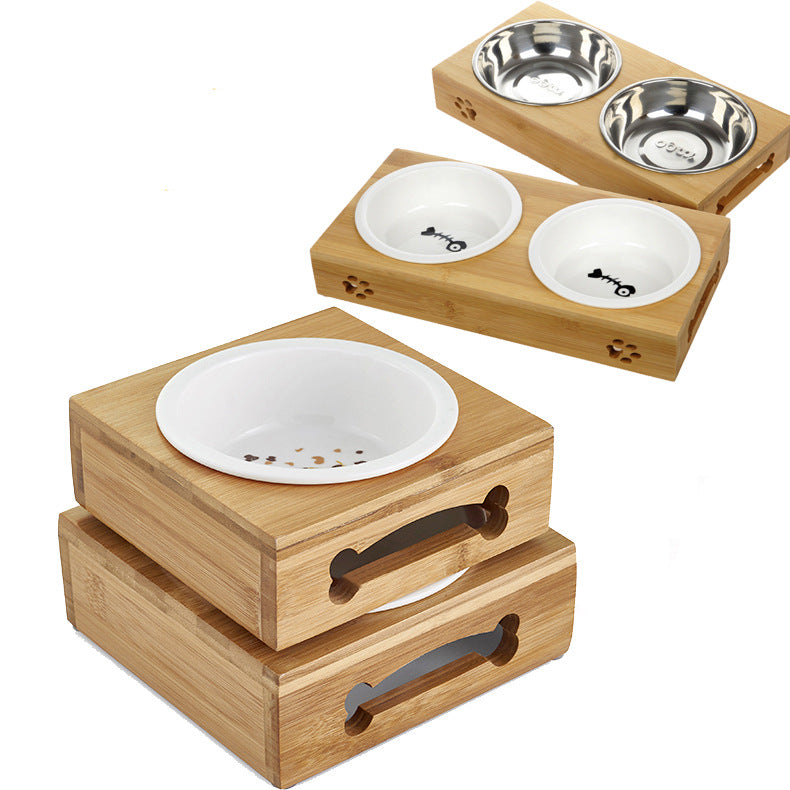 HKM-3260733 Bamboo and Stainless Steel Pet Bowl Holders with Single, Double, and Triple Bowl Options