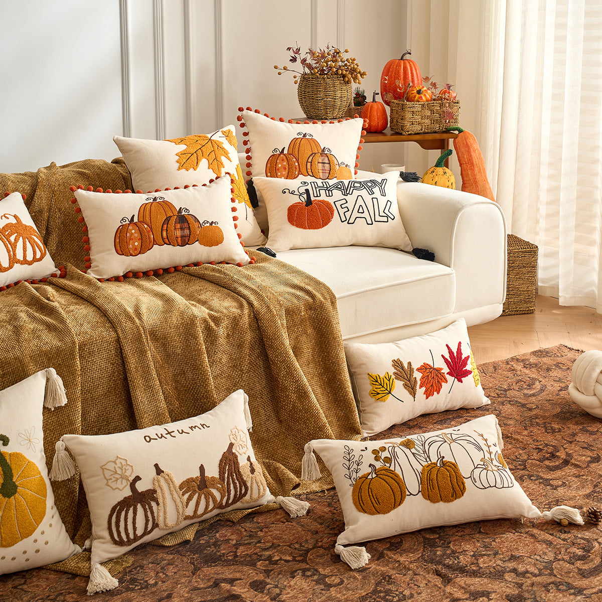 HKM-326227 Autumn Maple Leaf and Pumpkin Decorative Pillow Cover for Living Room Sofa