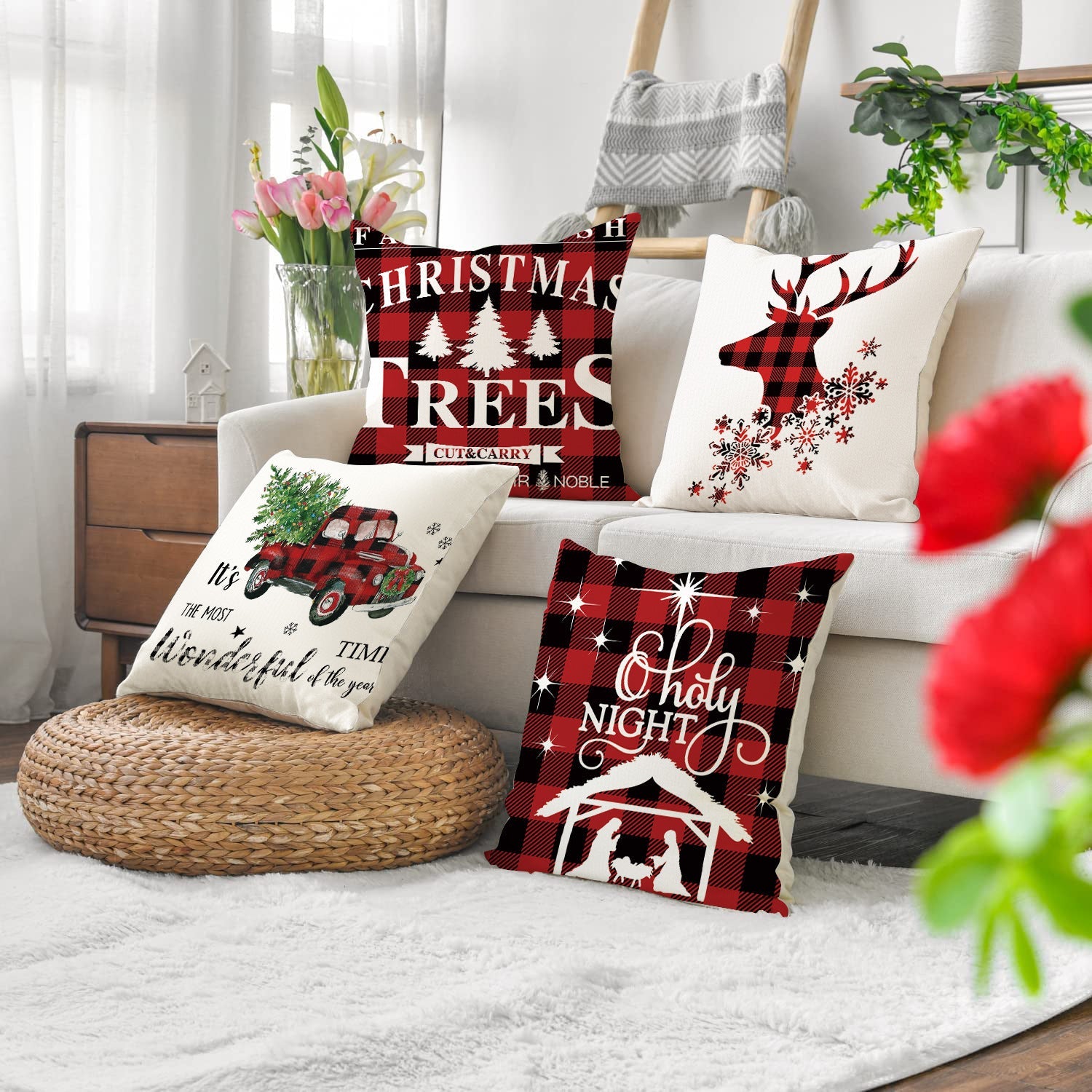 HKM-326291 Cartoon Elk Letter Printed Pillow Case with Snowflakes and Cars, 45x45cm