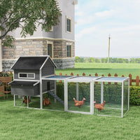 HKM-3269949 Wooden Chicken Coop for 8-10 Chickens - Gray, 137" Deluxe House with Nesting Boxes, Ramp, and Run