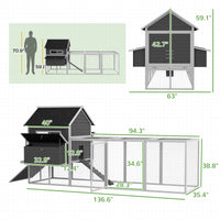 HKM-3269949 Wooden Chicken Coop for 8-10 Chickens - Gray, 137" Deluxe House with Nesting Boxes, Ramp, and Run