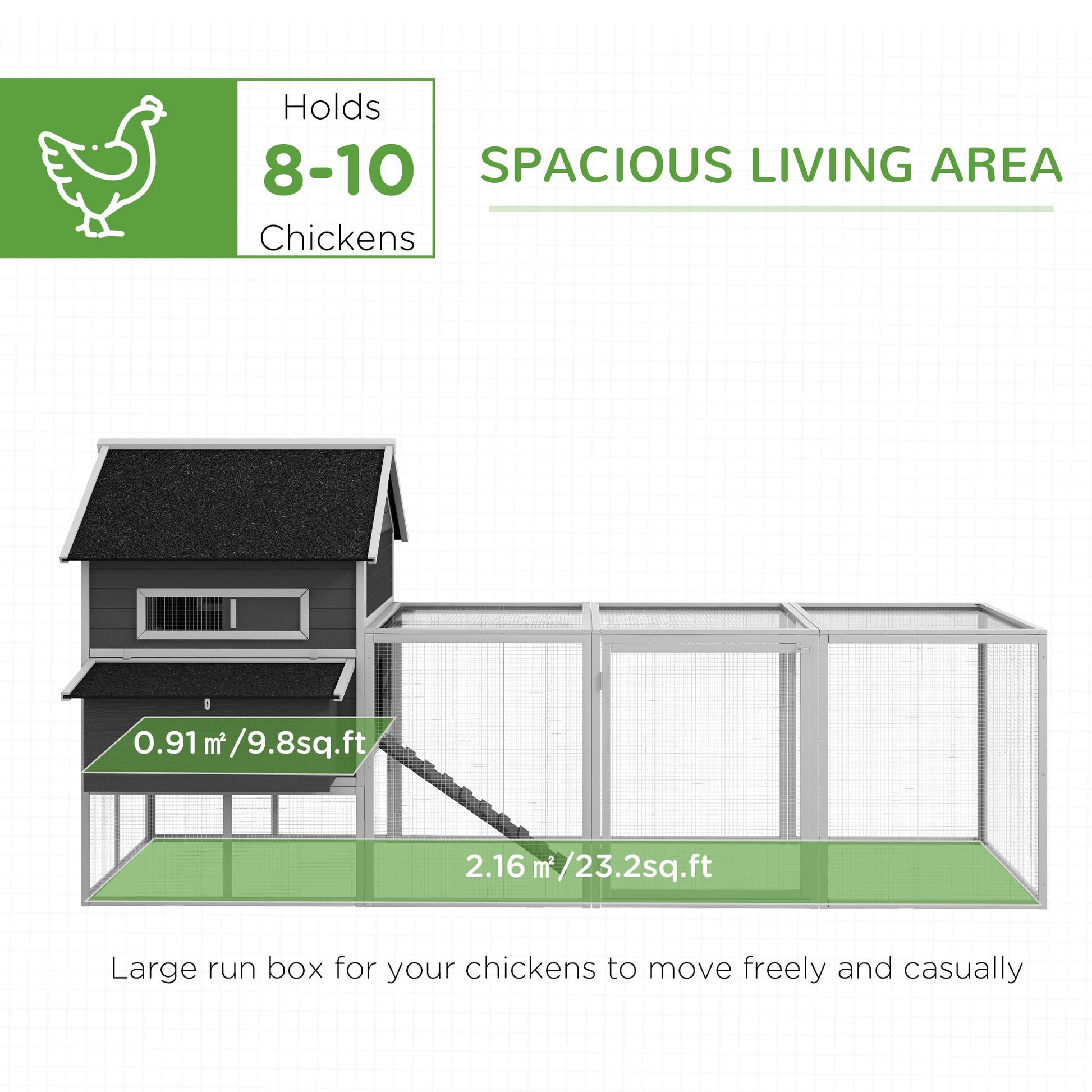 HKM-3269949 Wooden Chicken Coop for 8-10 Chickens - Gray, 137" Deluxe House with Nesting Boxes, Ramp, and Run