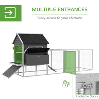HKM-3269949 Wooden Chicken Coop for 8-10 Chickens - Gray, 137" Deluxe House with Nesting Boxes, Ramp, and Run