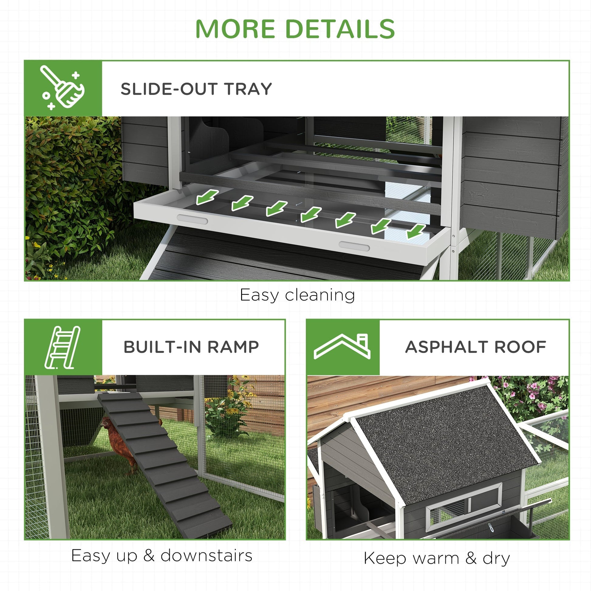 HKM-3269949 Wooden Chicken Coop for 8-10 Chickens - Gray, 137" Deluxe House with Nesting Boxes, Ramp, and Run
