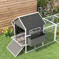 HKM-3269949 Wooden Chicken Coop for 8-10 Chickens - Gray, 137" Deluxe House with Nesting Boxes, Ramp, and Run