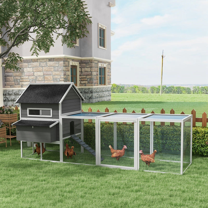 HKM-3269949 Wooden Chicken Coop for 8-10 Chickens - Gray, 137" Deluxe House with Nesting Boxes, Ramp, and Run