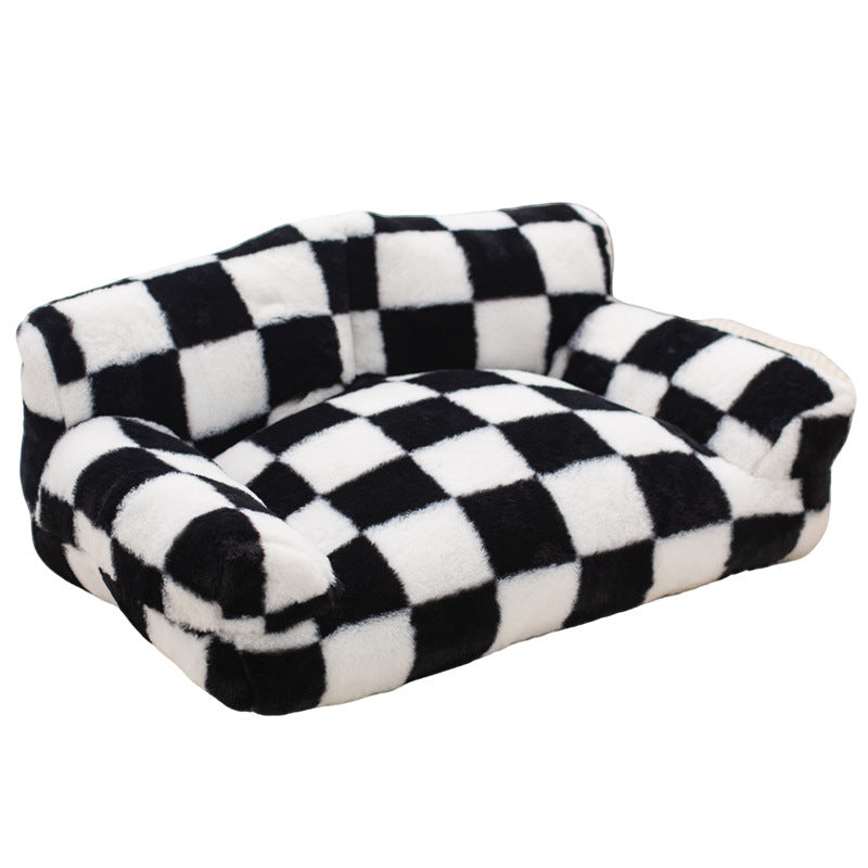 HKM-3270333 Cozy Black and White Plaid Plush Dog Kennel for Small to Large Breeds