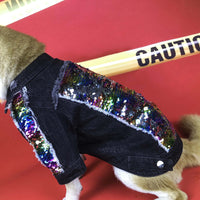 HKM-3274429 Sequin Denim Dog Jacket in Black and Blue for Small, Medium, and Large Dogs