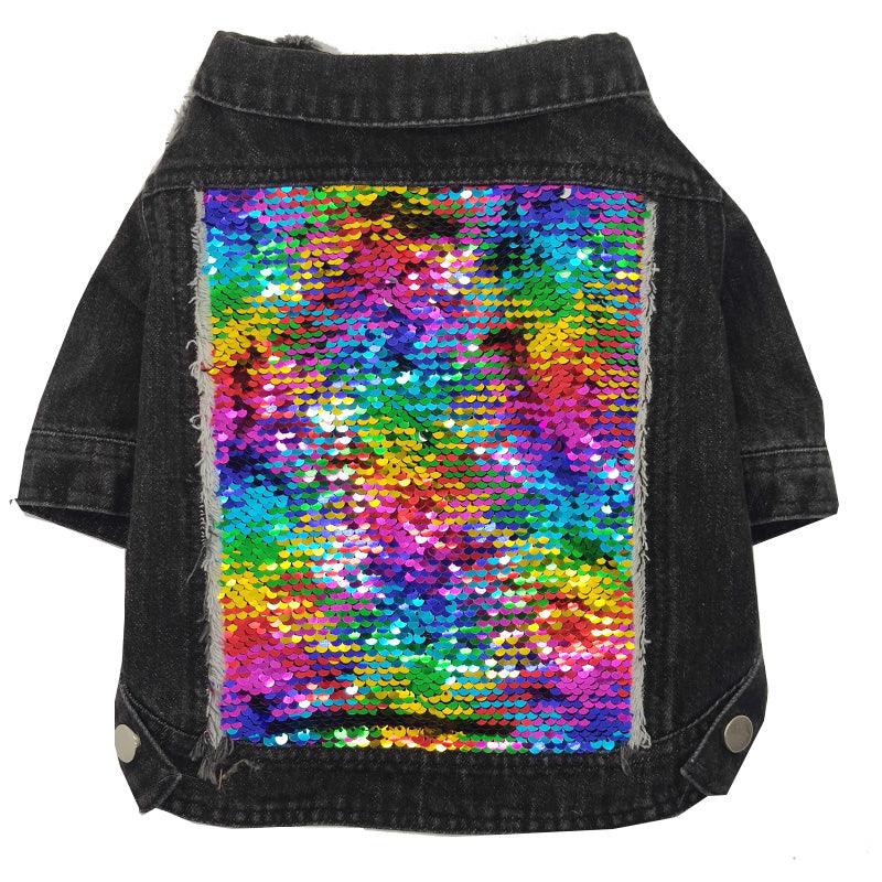 HKM-3274429 Sequin Denim Dog Jacket in Black and Blue for Small, Medium, and Large Dogs