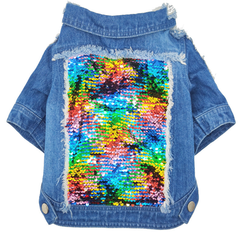 HKM-3274429 Sequin Denim Dog Jacket in Black and Blue for Small, Medium, and Large Dogs