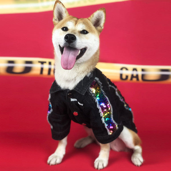 HKM-3274429 Sequin Denim Dog Jacket in Black and Blue for Small, Medium, and Large Dogs