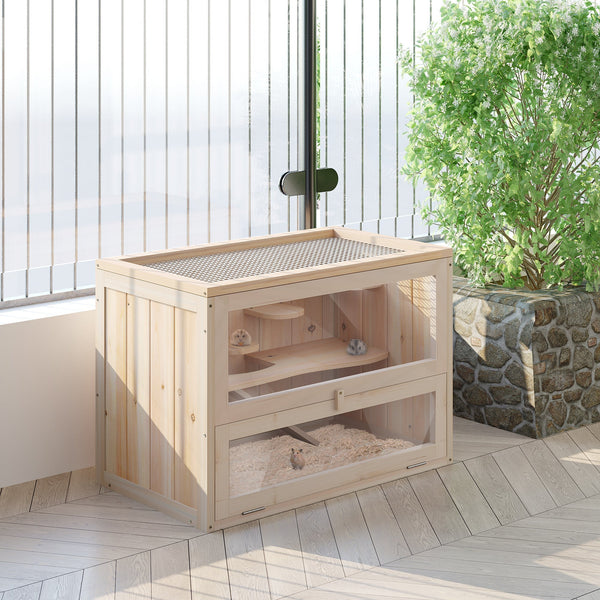 HKM-3275709 2-Level Small Animal Habitat with Openable Roof, Front Door, Ramp, and Shelves for Hamsters, Mice, Guinea Pigs, and Chinchillas