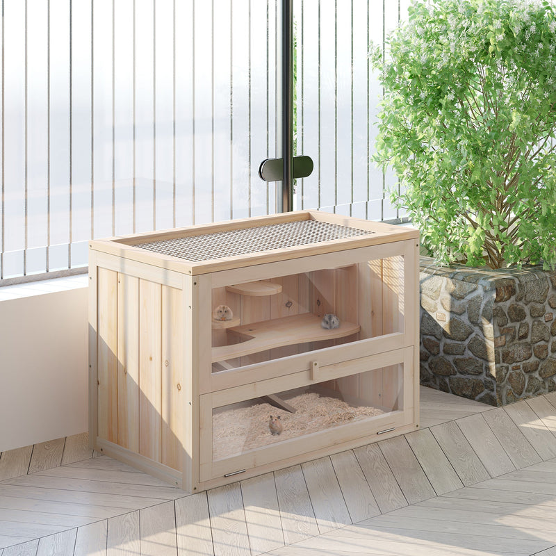 HKM-3275709 2-Level Small Animal Habitat with Openable Roof, Front Door, Ramp, and Shelves for Hamsters, Mice, Guinea Pigs, and Chinchillas