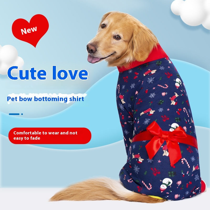 HKM-3278653 Navy Blue & Orange Bow Anti-Fur Cotton Pajamas for Big Dogs - Casual Four-Legged Pet Clothing