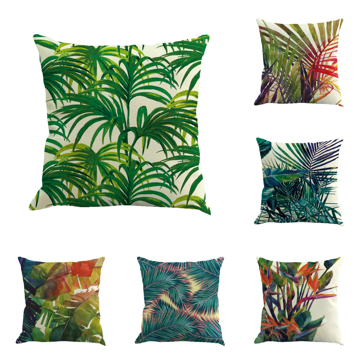 HKM-328019 Tropical Leaf Print Cotton and Linen Pillowcase - 45x45cm Decorative Cushion Cover