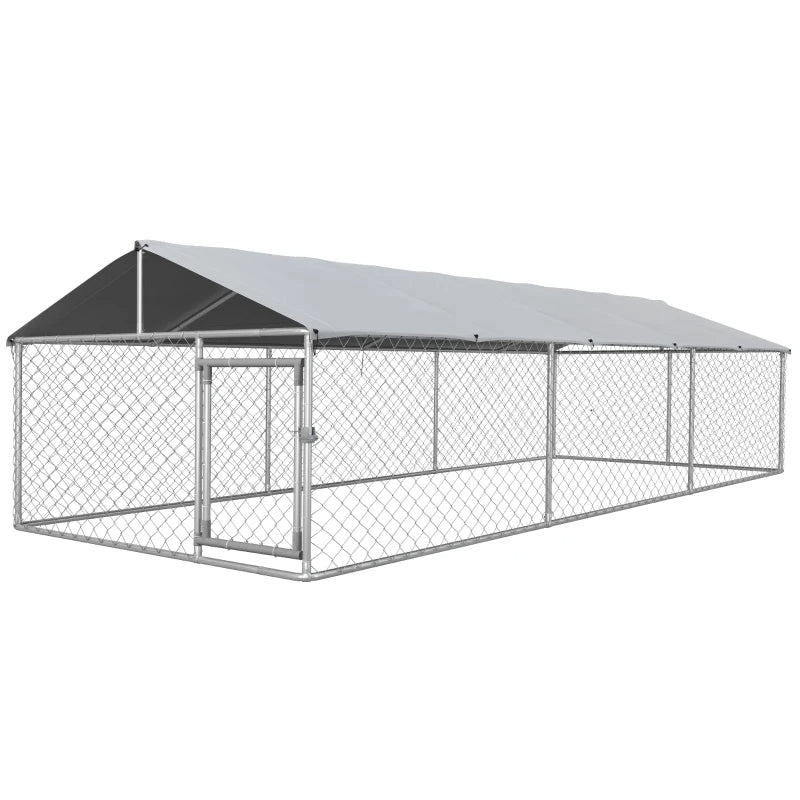 HKM-3281469 Large Outdoor Dog Kennel with Waterproof UV-Resistant Roof - Silver, 149 ft² Space for Dogs up to 66 lbs