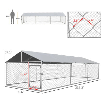 HKM-3281469 Large Outdoor Dog Kennel with Waterproof UV-Resistant Roof - Silver, 149 ft² Space for Dogs up to 66 lbs