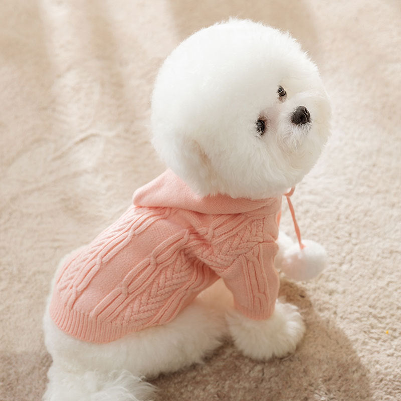HKM-328211 Cozy Cat Fur Ball Sweater for Small Dogs - Hooded Pet Clothing in Pink, Blue, Beige