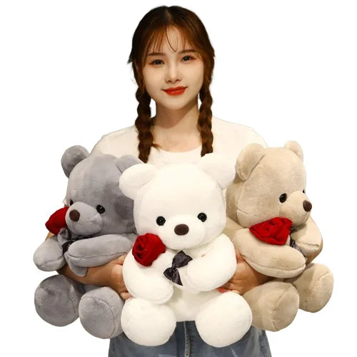 HKM-328467 Stuffed Plush Teddy Bear with Rose – Cute Love Toy for Children, 10cm to 100cm Heights