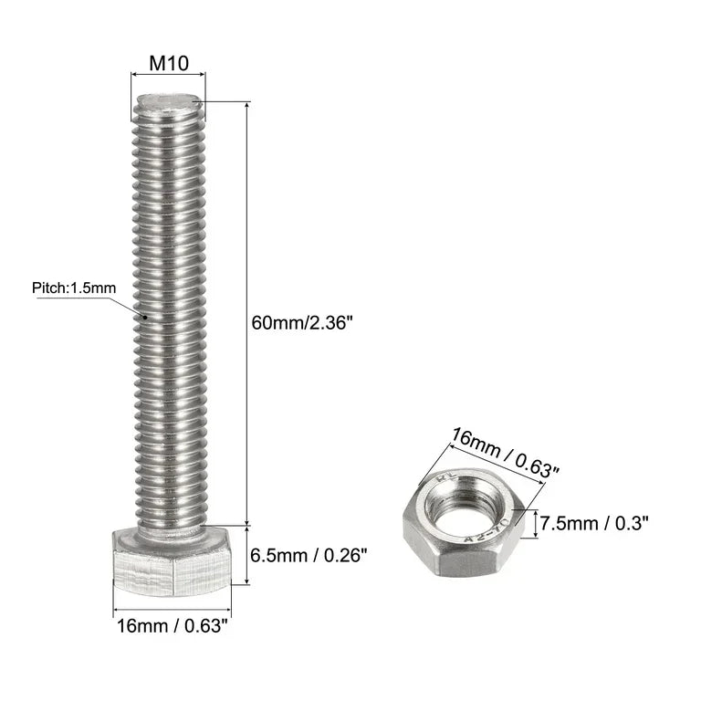 HKM-328659 M10 x 60mm Stainless Steel Hex Head Nut and Screw Bolts for T-Square Applications