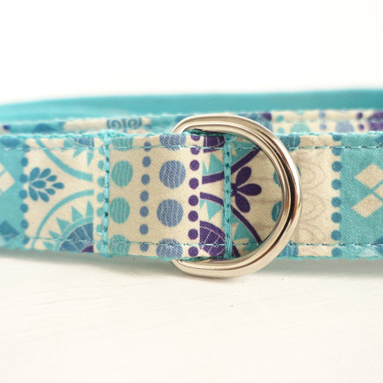 HKM-3287357 Ethnic Blue Handmade Dog Collar and Leash Set - Adjustable, Durable Polyester Material