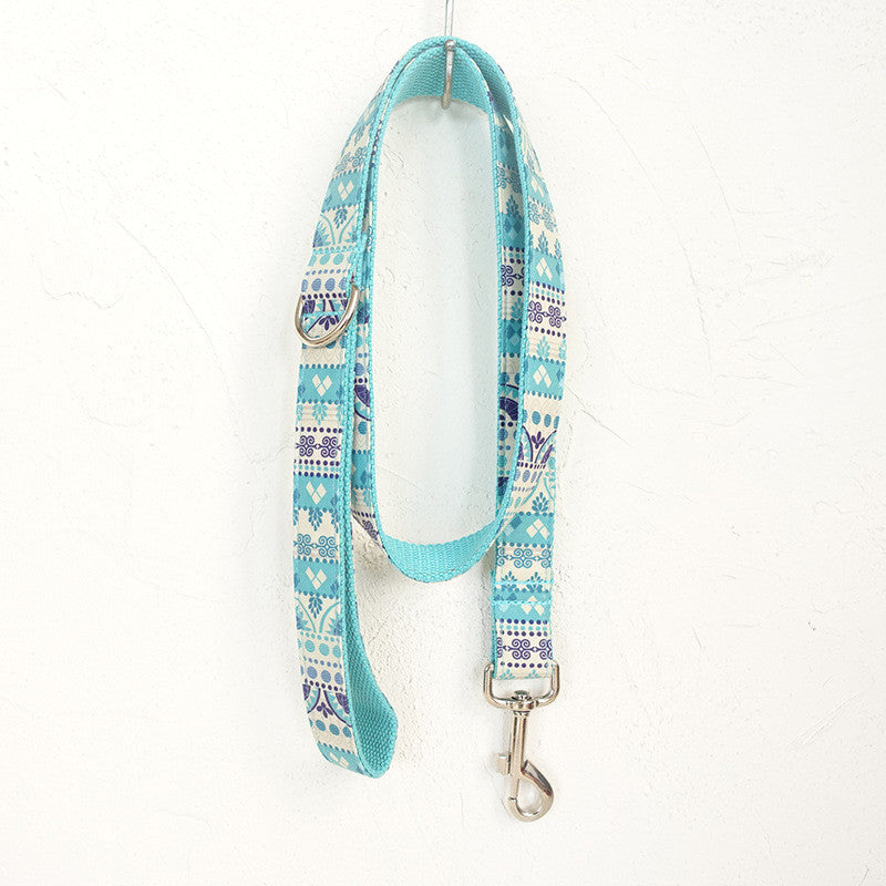 HKM-3287357 Ethnic Blue Handmade Dog Collar and Leash Set - Adjustable, Durable Polyester Material