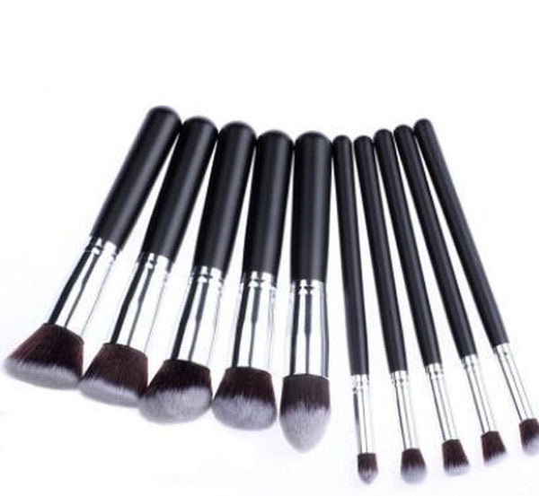 HKM-328851 10-Piece Kabuki Style Vegan Makeup Brush Set with Soft Artificial Fiber Bristles