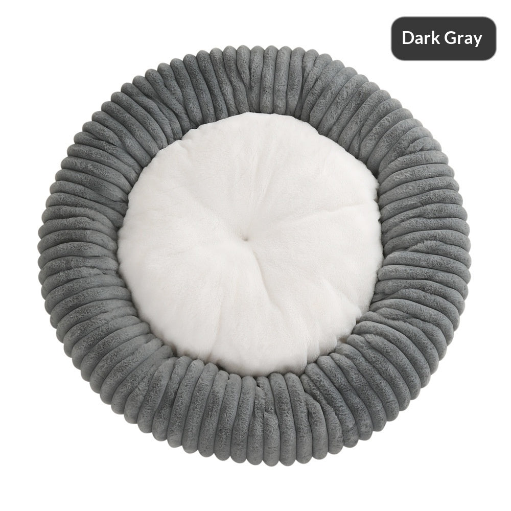 HKM-3295165 Soft Striped Plush Round Pet Bed for Cats and Small Dogs