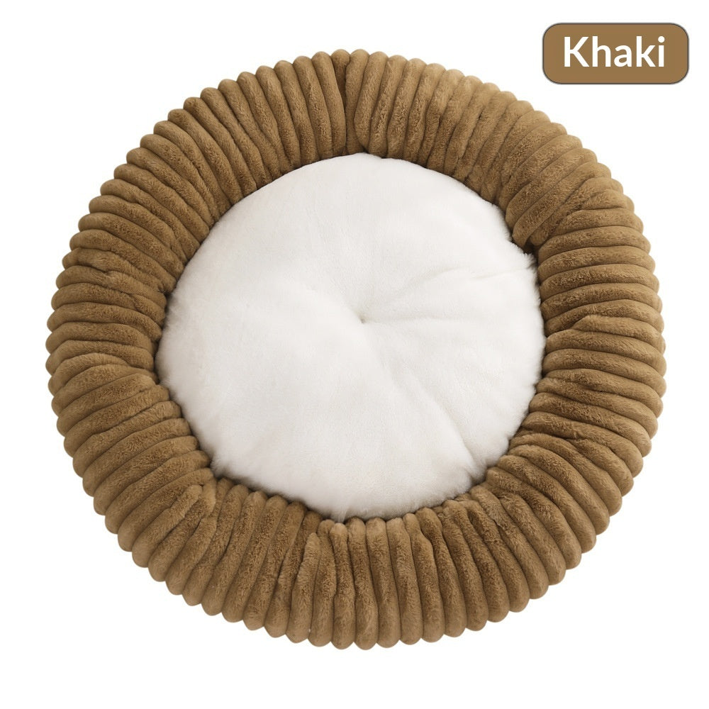 HKM-3295165 Soft Striped Plush Round Pet Bed for Cats and Small Dogs