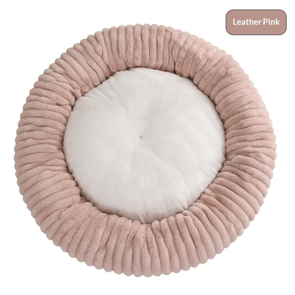 HKM-3295165 Soft Striped Plush Round Pet Bed for Cats and Small Dogs