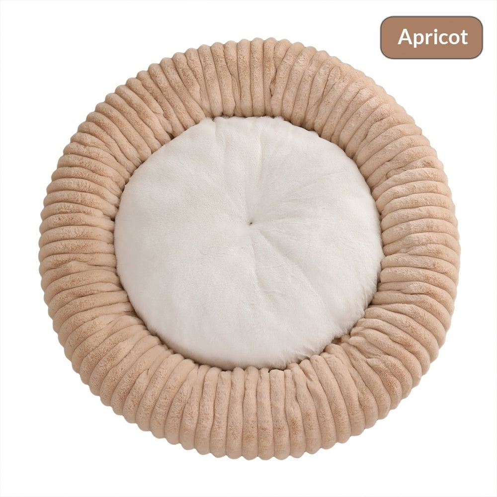 HKM-3295165 Soft Striped Plush Round Pet Bed for Cats and Small Dogs