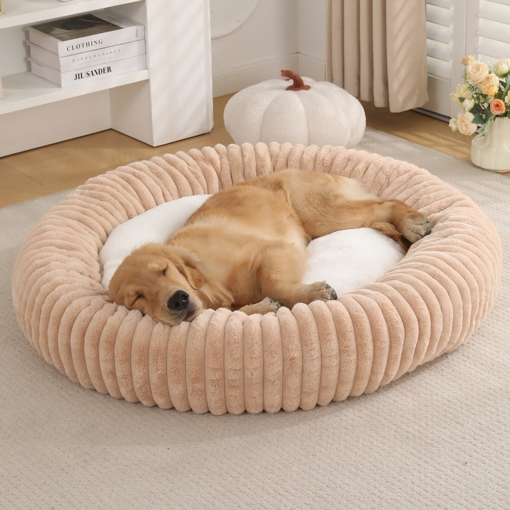HKM-3295165 Soft Striped Plush Round Pet Bed for Cats and Small Dogs
