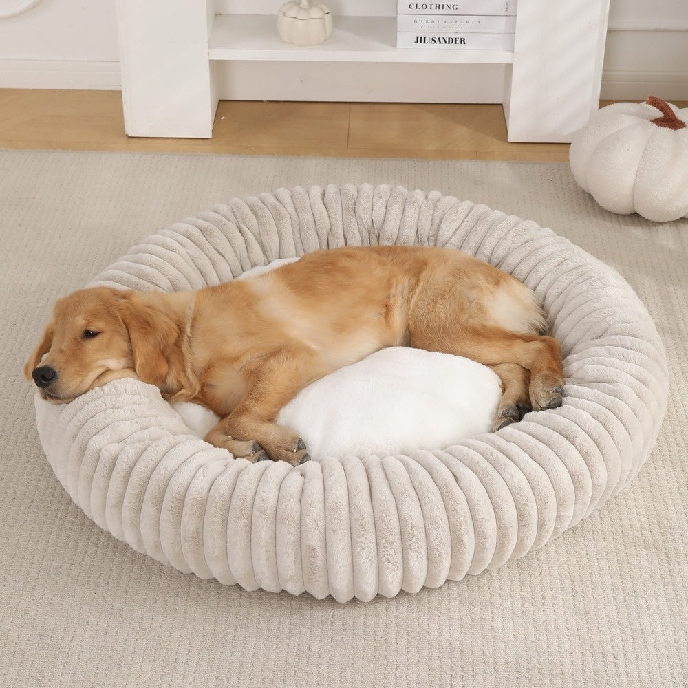 HKM-3295165 Soft Striped Plush Round Pet Bed for Cats and Small Dogs
