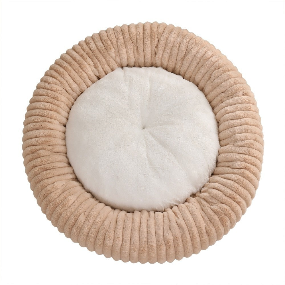 HKM-3295165 Soft Striped Plush Round Pet Bed for Cats and Small Dogs
