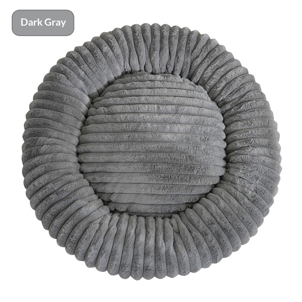 HKM-3295165 Soft Striped Plush Round Pet Bed for Cats and Small Dogs
