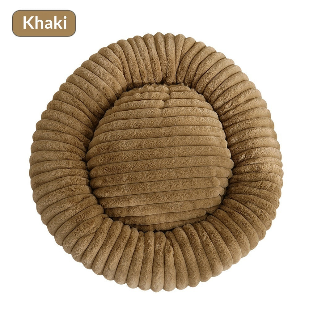 HKM-3295165 Soft Striped Plush Round Pet Bed for Cats and Small Dogs